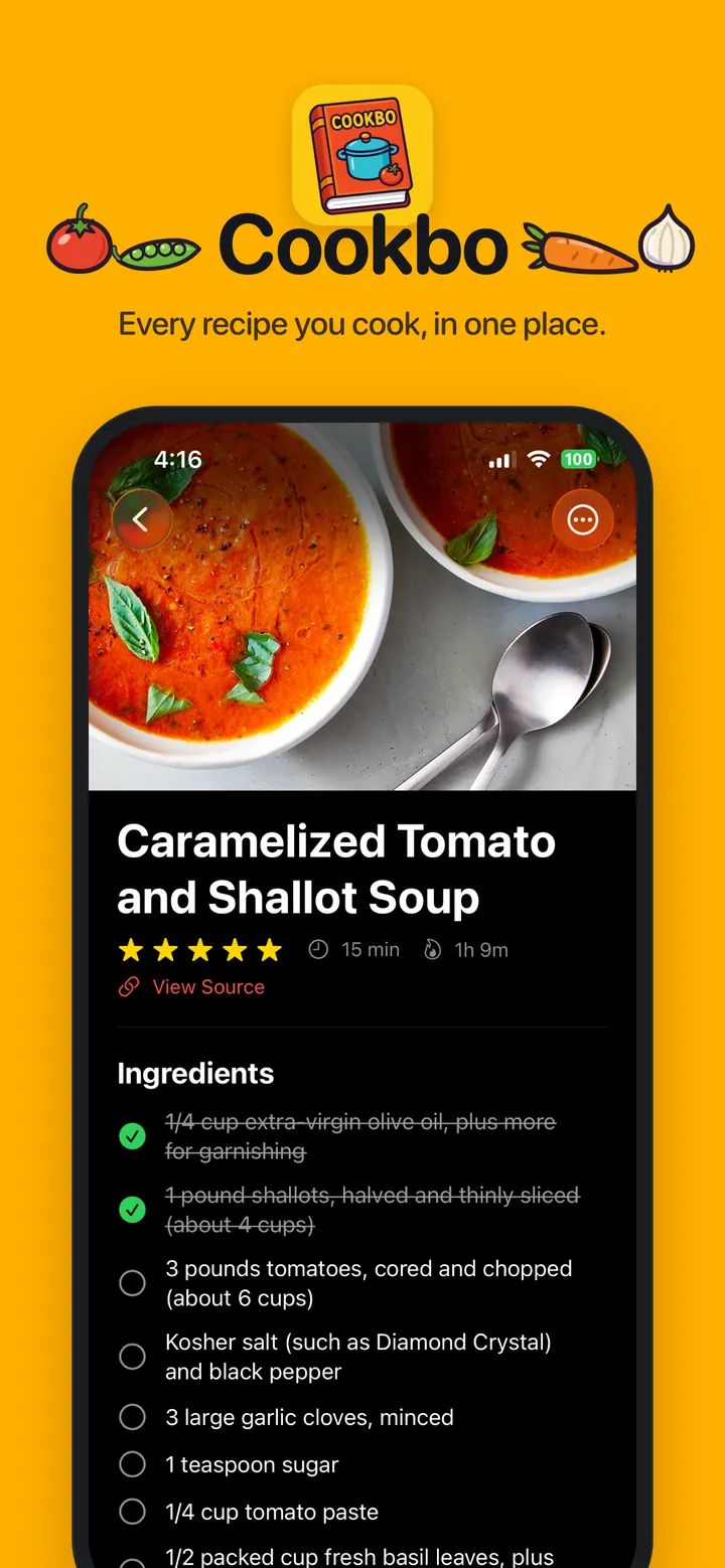 A recipe with its photo, ingredients and steps