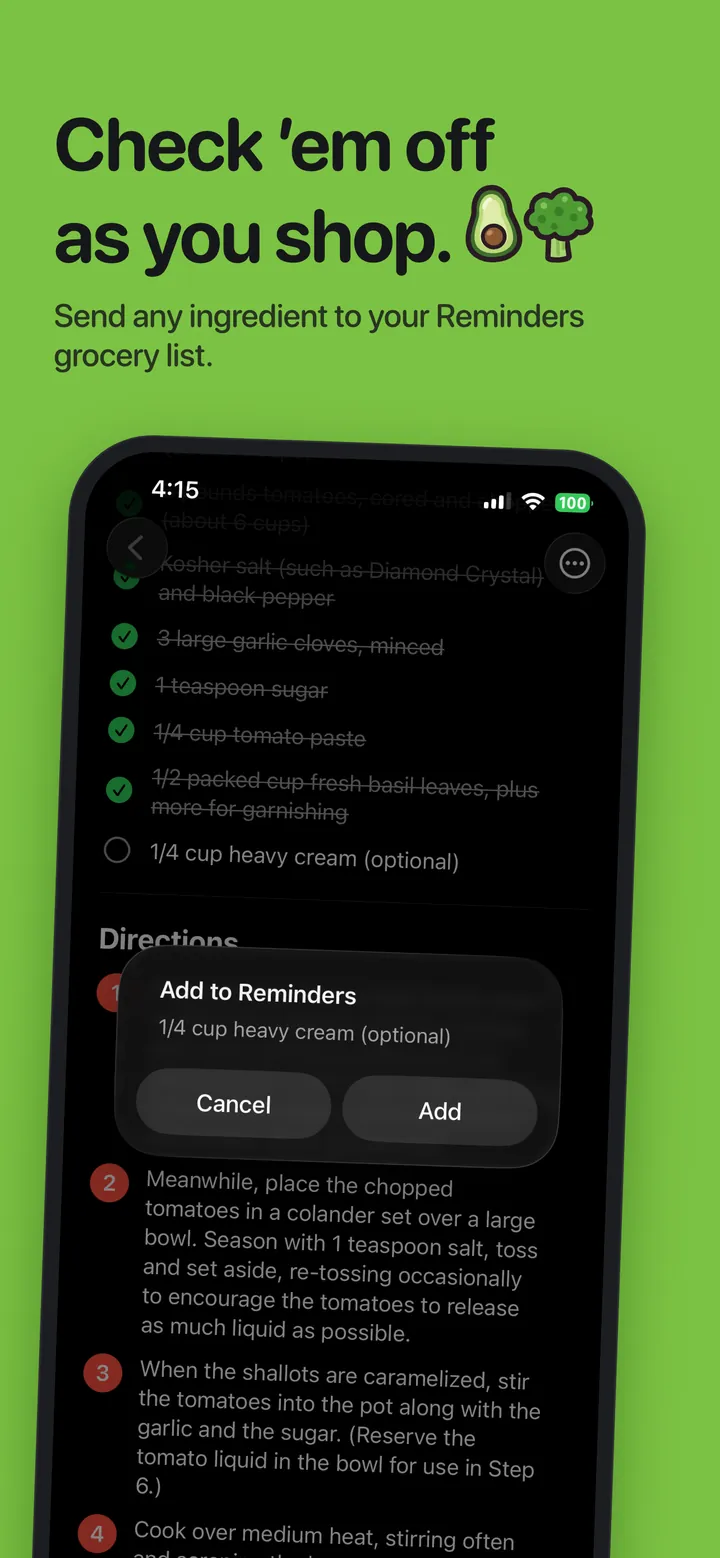 Sending ingredients to Reminders