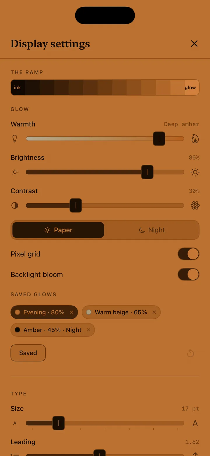Display settings: warmth, brightness and contrast