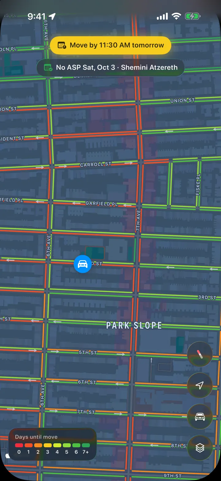 The map, with your car and the next move time
